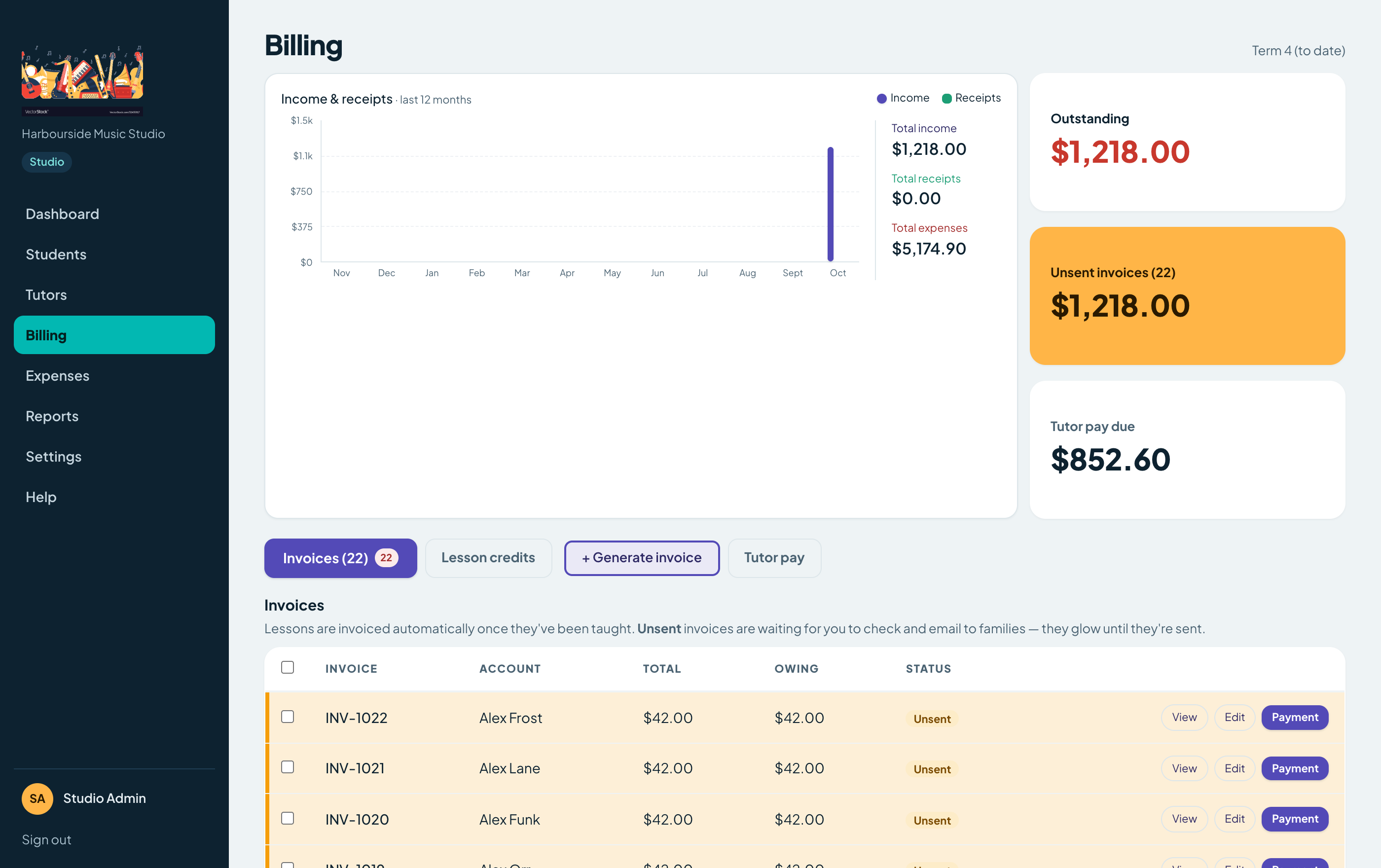 MusiCal Studio billing dashboard