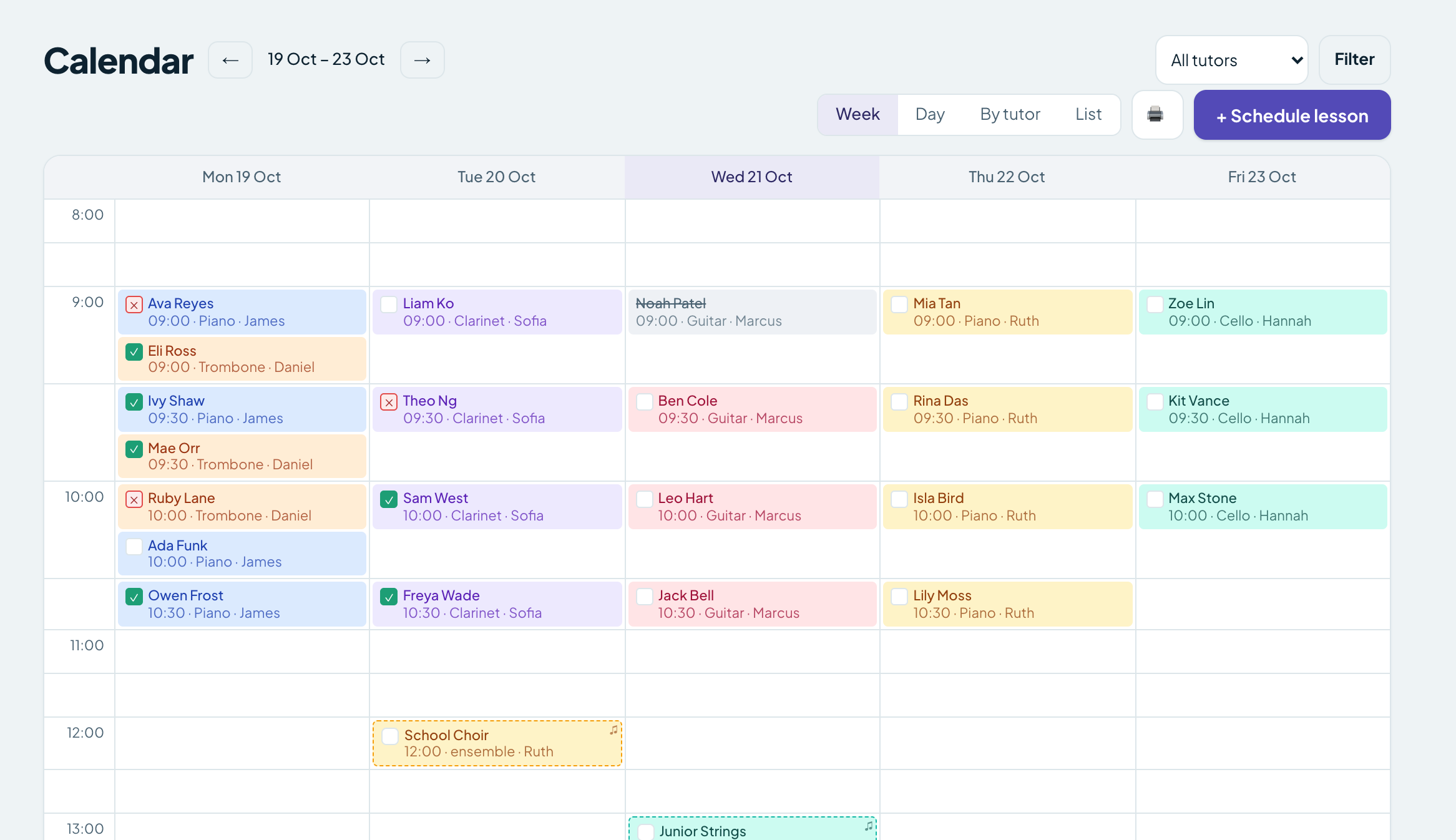 Weekly lesson calendar full of scheduled lessons