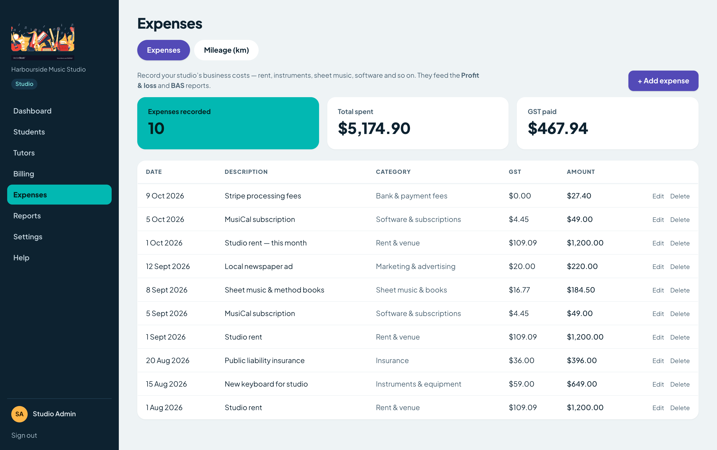 Expenses tracker with business costs and mileage