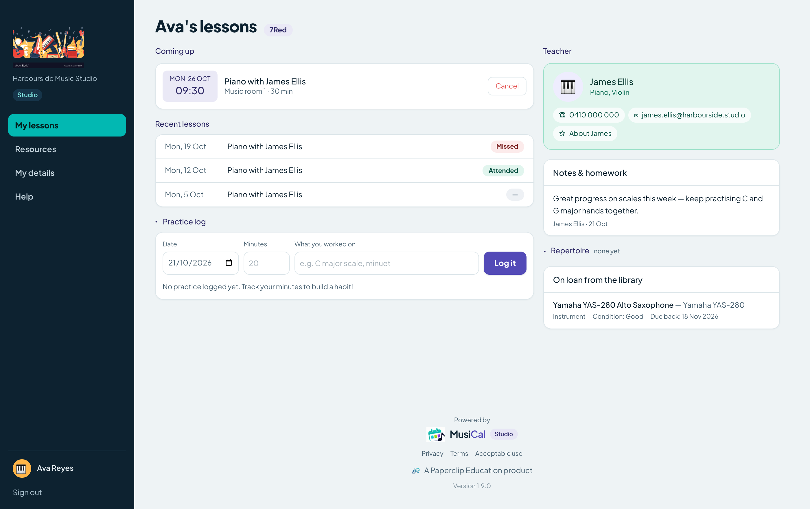 Student portal showing upcoming lessons, teacher contact and notes