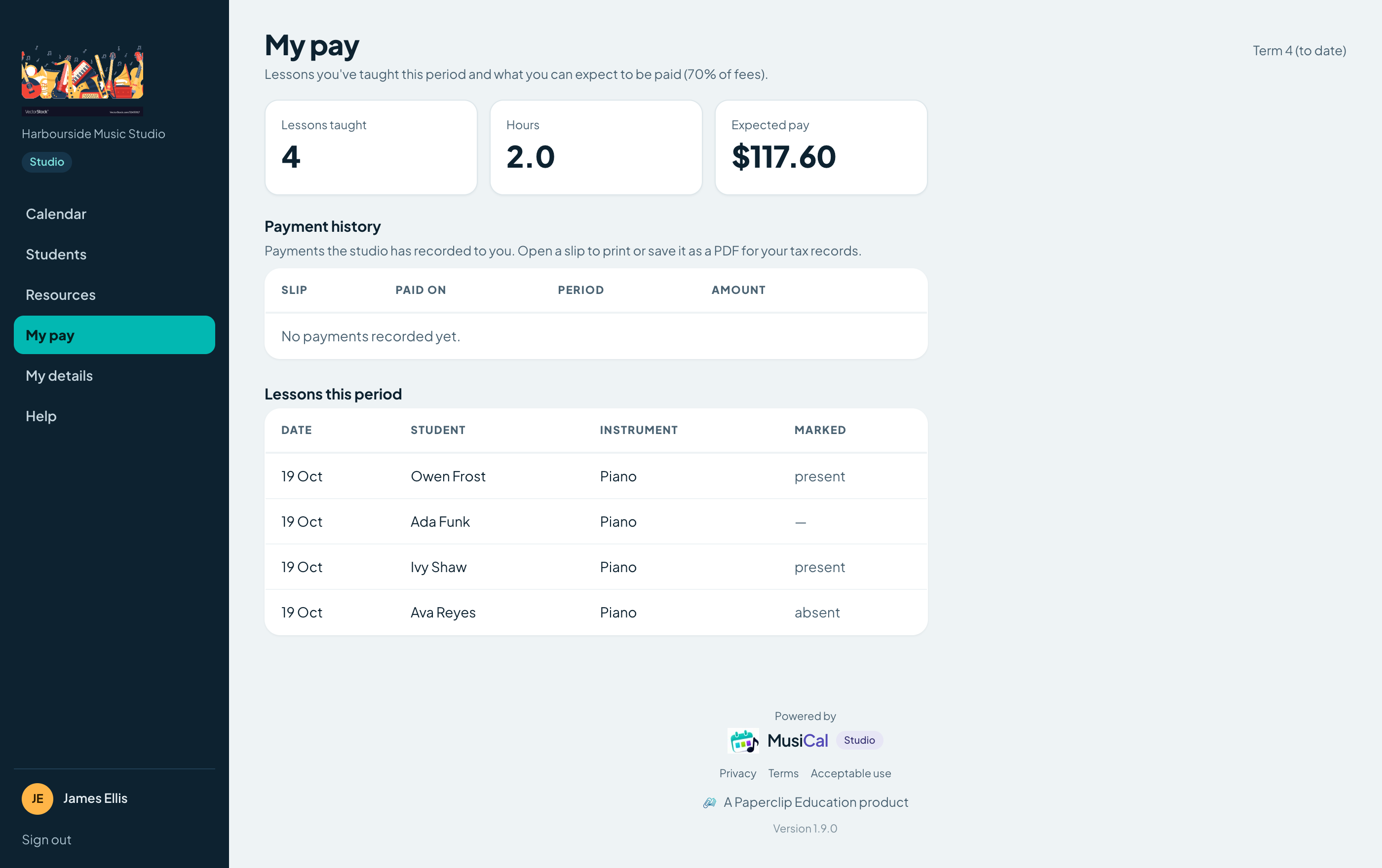 Teacher pay view showing lessons taught, hours and amount owed
